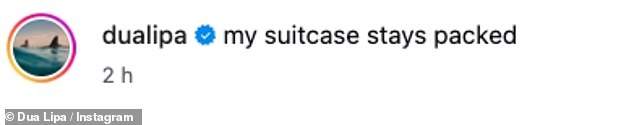 She captioned the post: 'My suitcase stays packed'