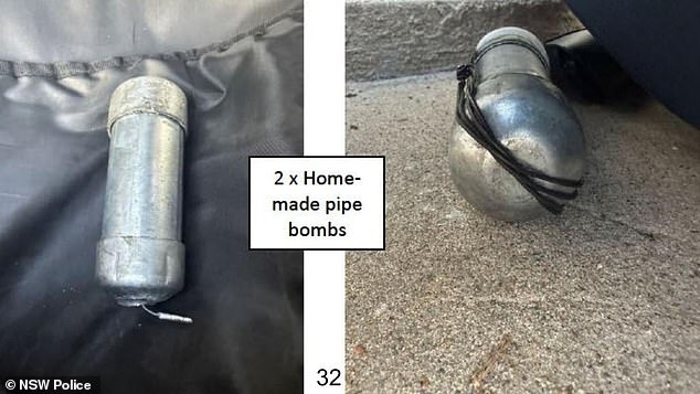 Images released by police showed two homemade pipe bombs allegedly belonging to the shooters