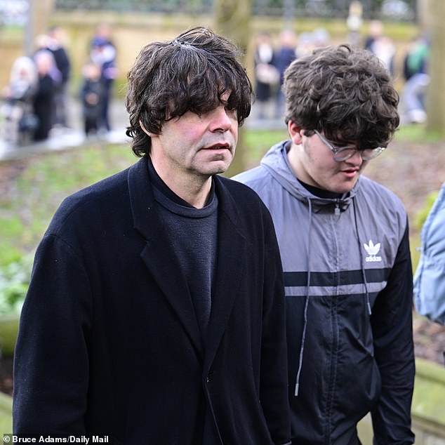 The Charlatans' frontman Tim Burgess (left) was among those arriving today for the funeral