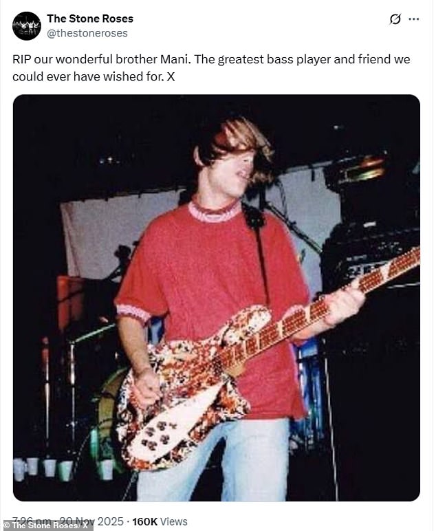 The Stone Roses took to X to share a photo of Gary playing the bass when he died and wrote: 'RIP our wonderful brother Mani. The greatest bass player and friend we could ever have wished for. X'