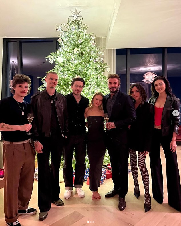 Back in 2020, Victoria spoke about Beckham Christmases, saying: 'To have Christmas with more time to spend together is just going to be great' (The Beckhams pictured with Nicola last year)