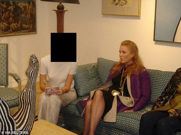Sarah Ferguson pictured sitting on a couch with a redacted woman