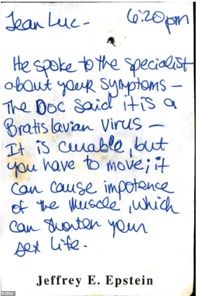 A note written to 'Jean-Luc' was amongst the files released by the DOJ