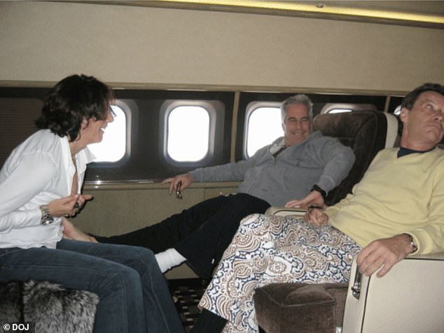 Epstein's foot is pictured beneath Ghislaine Maxwell's shirt on a private jet - also present is Jean-Luc Brunel