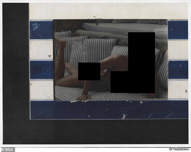 A naked woman poses for a photograph on a sofa - the image was released by the DOJ on Friday
