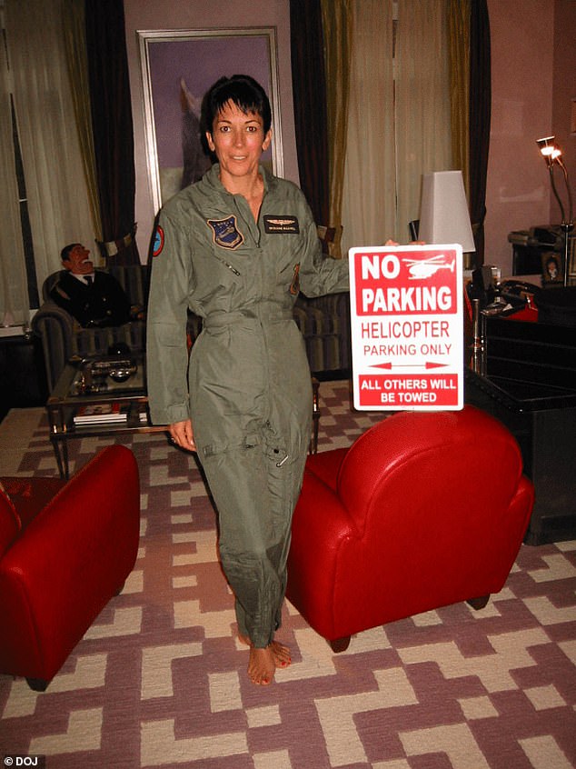 A barefoot Ghislaine Maxwell poses with a 'helicopter parking only' sign