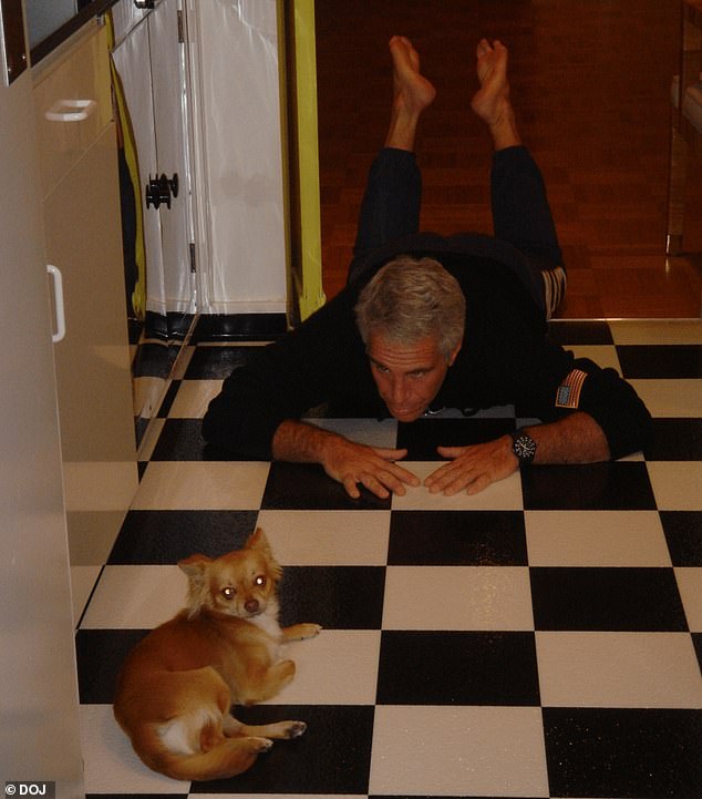Epstein is seen lying on the floor barefoot, with a small dog nearby
