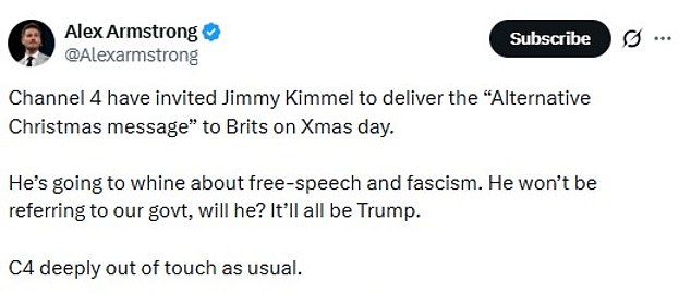 GB News presenter Alex Armstrong was among those who criticized the decision to have Kimmel deliver an anti-Trump rant for the Channel 4 Christmas Message
