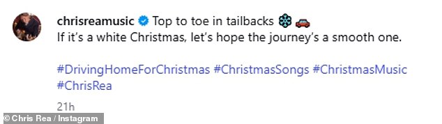 In the post, shared on Sunday, he added a caption reading: 'Top to toe in tailbacks If it¿s a white Christmas, let¿s hope the journey¿s a smooth one'