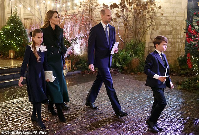 The Prince and Princess of Wales leave with their children after the service at Westminster Abbey
