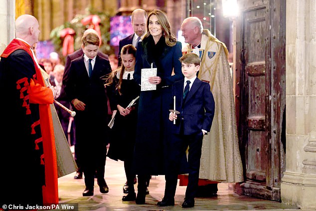 The Prince and Princess of Wales leave the service with their children