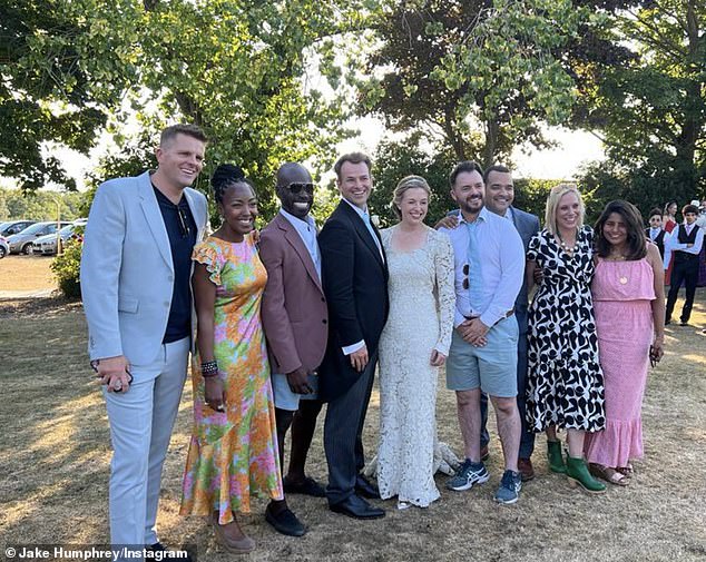 The gang alongside a few other famous faces reunited for Absalom's wedding in 2002 (Jake Humphrey, Angellica Bell, Ortis Deley, Michael, Francesca, Barney Harwood, Michael Underwood, Kirsten O'Brien and Rani Price pictured L-R)