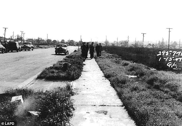 Police officers on the scene where Short's body was found, in the grass next to the sidewalk. Investigators concluded that the victim had met her horrific end elsewhere and her body washed before being dumped in the street for all to see