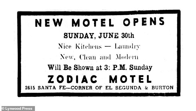 An advert for the opening of the Zodiac Motel in June 1946. Baber believes this was the inspiration for the Zodiac killer's name two decades later