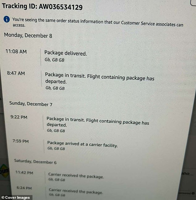 A screenshot showing the parcel listed as delivered - despite it being left in a ban without any slip to let Louis' parents know it was there