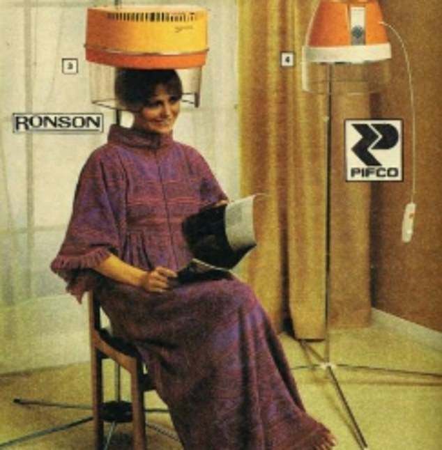 1975: Forget the Dyson Airwrap - in the 70s, it was all about the hooded hairdryers (complete with a portable carrier). Ronson was a big brand for such tools in the 70s, kits often came with rollers which you put your hair into, before popping on the shower cap. Users could then plug in the machine, and blow hot air safely into the confines of the bonnet; perfect for a lady on the go