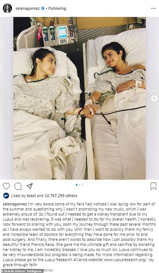 Actress Francia Raisa (left), donated a kidney to Selena Gomez, has spoken out about rumours of a feud between the two; pictured together after the procedure in 2017