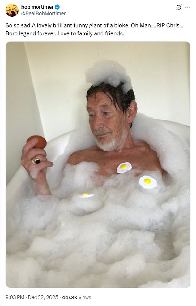 In an X, formerly Twitter, post on Monday, Bob paid tribute to Chris and posted a photo of the singer in the bath holding an egg as he recalled the story - much to the delight of fans