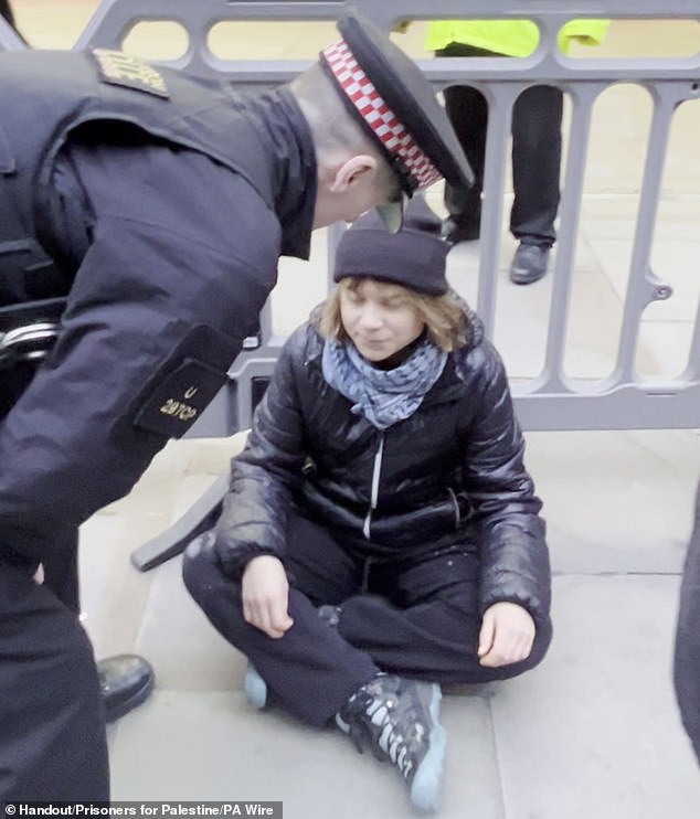A police officer speaking to Ms Thunberg after taking away her sign