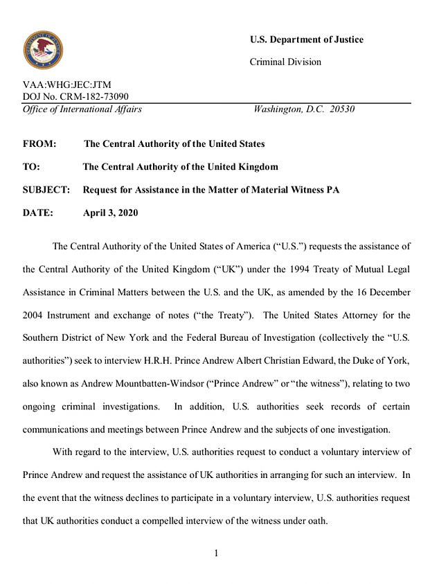 The formal request for interview was released by the US government as part of its latest cache of documents relating to the Jeffrey Epstein investigation