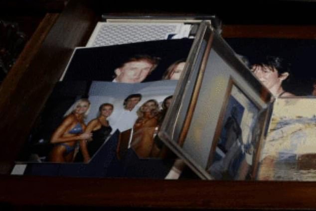 Among the hundreds of photographs released on Friday, one showed an open desk drawer containing two photos of President Trump