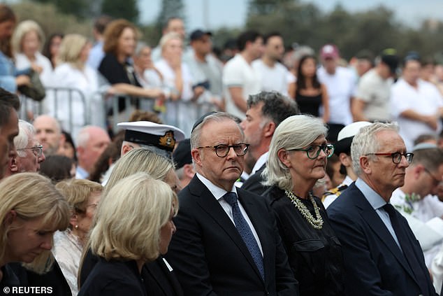 Anthony Albanese is pictured at a memorial for the Bondi Beach massacre victims on Sunday