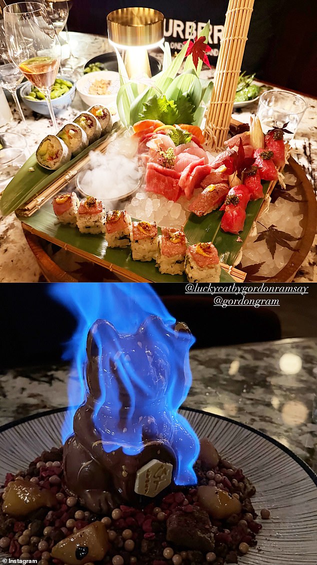 The bride-to-be appeared to favour a healthy £135 seafood platter on the night, with a selection of sushi, salted edamame and sweet and sour prawns adoring her table