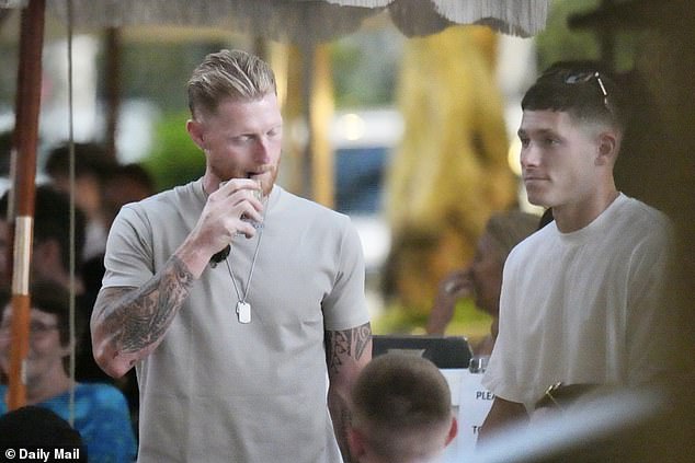 Ben Stokes (left) and team-mate Matthew Potts are pictured during the team's break in Noosa on Queensland's Sunshine Coast, which is now the subject of an investigation by the team