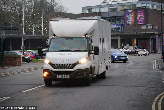 A prison van arriving at Swindon Magistrates' Court today ahead of Philip Young's first appearance
