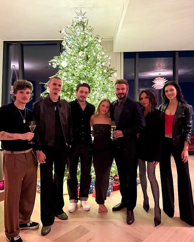 The Beckham clan last year... from left to right, Cruz, Romeo, Brooklyn, Harper, Sir David, Victoria and Nicola