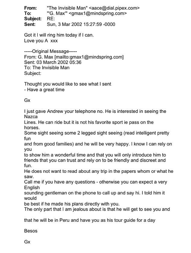 In March 2002, Maxwell sent a message to 'The Invisible Man', forwarding a message she had sent an acquaintance