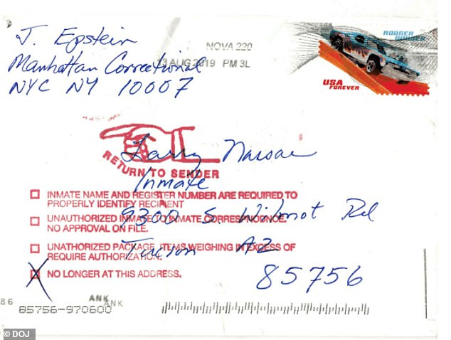 Epstein's letter to Larry Nassar, postmarked August 13, 2019, was believed to have been found returned to sender in the New York prison's mailroom after his death. The FBI have claimed that the postcard is bogus