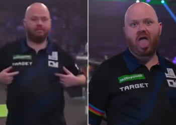 'Curious celebration' - World Darts Championship star rubs nipples and makes tongue gesture leaving commentator in shock