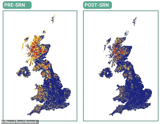 This expansion is provided by the Shared Rural Network (SRN), which has created cell towers which can be used by all major network providers. These maps show the regions covered by all four providers (blue), covered by at least one provider (yellow), and no providers at all (red) before and after the introduction of the SRN