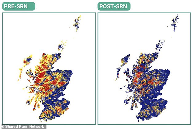 The SRN has dramatically improved connection in rural regions, but some areas, such as the Scottish Highlands and Islands, still have large areas of partial and total not spots (red and yellow)