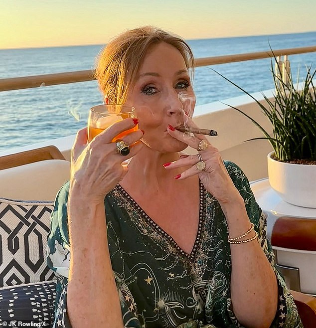 JK Rowling celebrates the Supreme Court trans ruling win with a cigar and cocktail on a luxury yacht