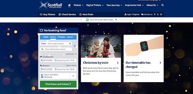The website for ScotRail, seen on 25 August 2025, featured a page with a journey planner tool, in which text stated, 'Get cheapest tickets'. The ScotRail homepage is pictured in December