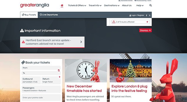 On the website for Greater Anglia, seen on 28 August 2025, it featured a journey planner tool, in which text stated 'Book direct for lowest prices & no fees'. The Greater Anglia website homepage is pictured in December