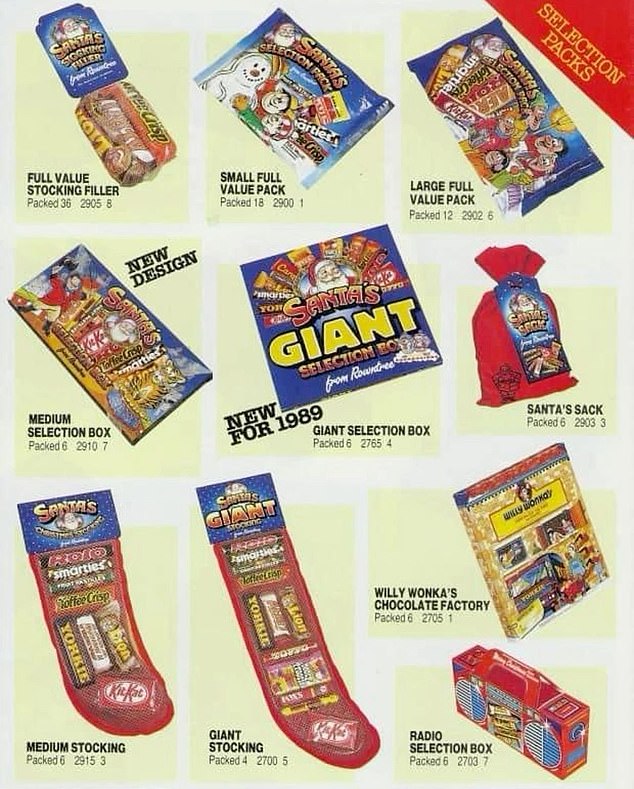A series of selection boxes for sale in a catalogue from 1989 - when they would come in boxes and netted stocking varieties
