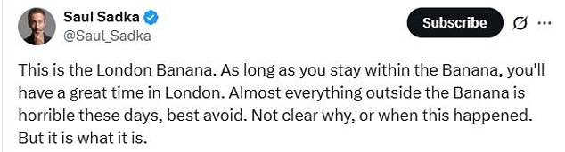 Scholar Saul Sadka recently created the 'London banana' - a map with a fruit drawn on it showing the best places to live in the capital. Bromley (circled) sits outside the banana