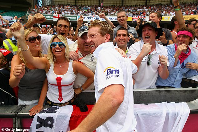 Collingwood celebrates winning the Ashes Down Under with the Barmy Army in 2011