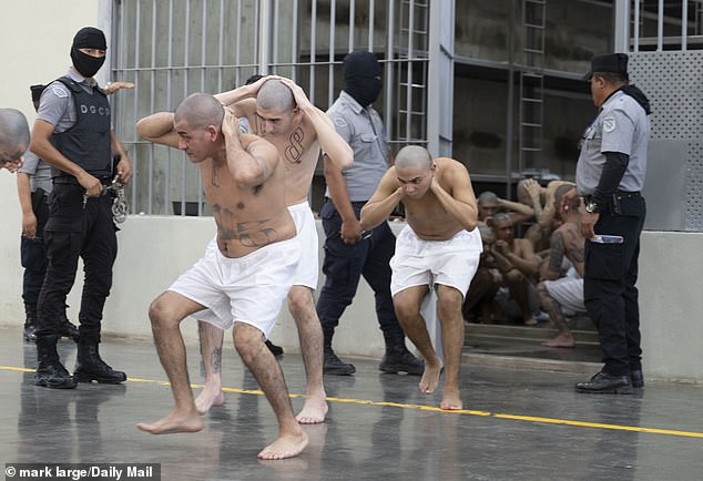 Inmates leave their cell withe their heads bowed and hands behind their heads ready to be handcuffed and then sitting lines while watched by guards