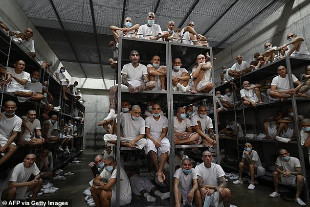Prisoners wearing white shirts sit on top of each other on warehouse-style shelves