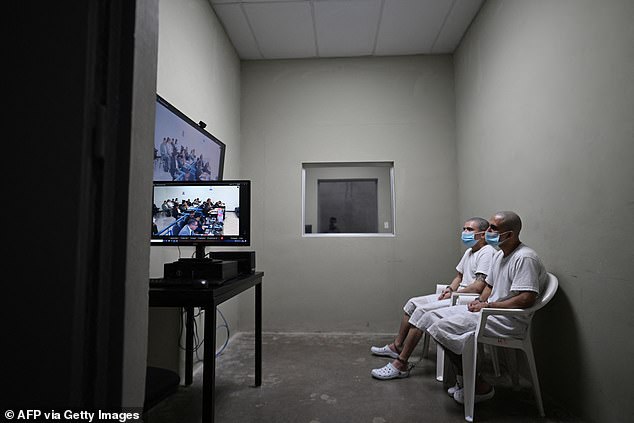 Two prisoners watch a virtual trial. The remotely conducted affairs almost always end in a guilty verdict
