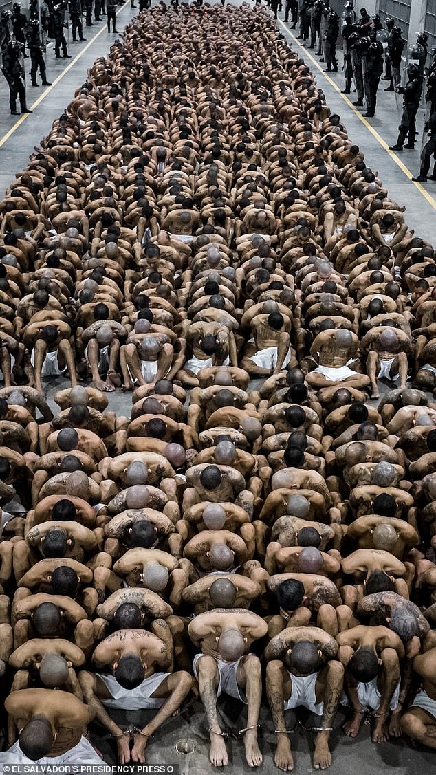 Inmates sat with their legs cuffed and heads down. Among prisoners is one serving 867 years for an unspecified number of murders, possessing explosives and weapons, extortion and drug-trafficking