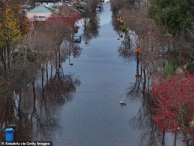A powerful storm is turning roads into rivers while triggering torrential mudslides as apocalyptic scenes sweep southern California on Christmas Eve. (Pictured: A view of a flooded street close to the Meta Campus during the downpour in Menlo Park, CA, on December 24)