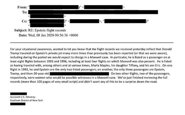 Perhaps the single most damaging email for Trump concerns his history of flying on Epstein’s fleet of private jets. This included the financier’s capacious Boeing 727, notorious as the Lolita Express (pictured)