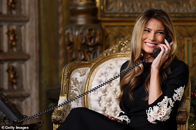 First Lady Melania Trump calls children as she participates in tracking Santa Claus' movements with the North American Aerospace Defense Command (NORAD) Santa Tracker on Christmas Eve on December 24, 2025 in Palm Beach, Florida