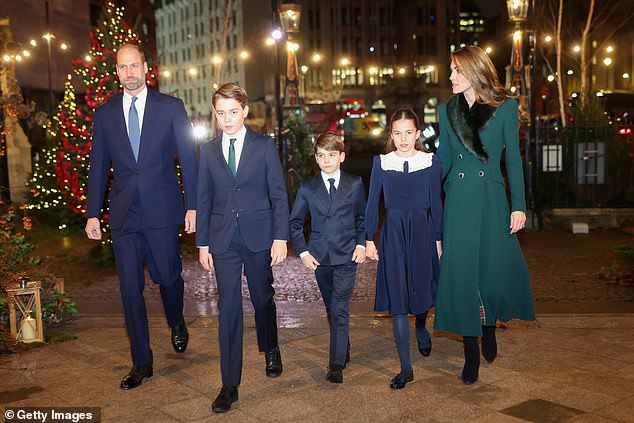 Kate's husband Prince William, 43, and their other two children, Princes George, 12, and Louis, seven, supported her from the congregation, as they did last year. Pictured: The Wales family arriving at the service