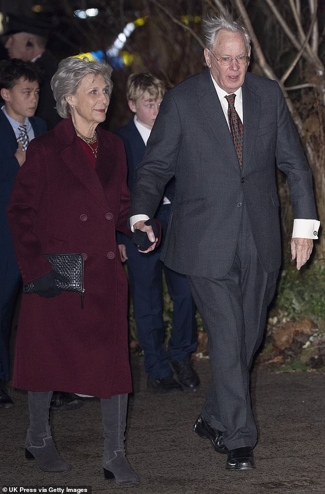 Also in attendance were the late Queen's cousin, the Duke of Gloucester, 81, and his wife, the Duchess, 79 (pictured together, attending the service)